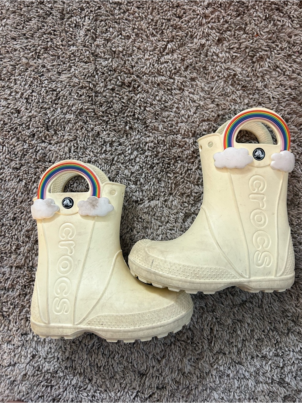 CROCS Cream Kids Rain Boots with Rainbow Handles